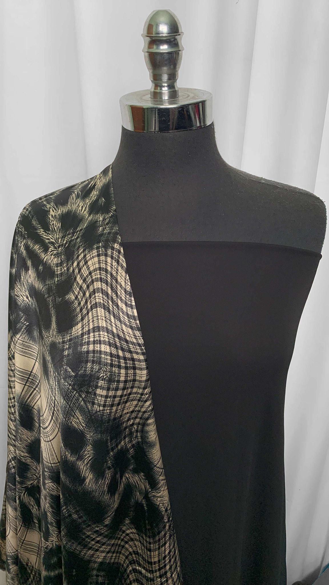 BLACK/ANIMAL PLAID BUNDLE : 2YD Black Poly Crepe Stretch Woven & 2YD Animal Print/Plaid Poly Satin : A25610