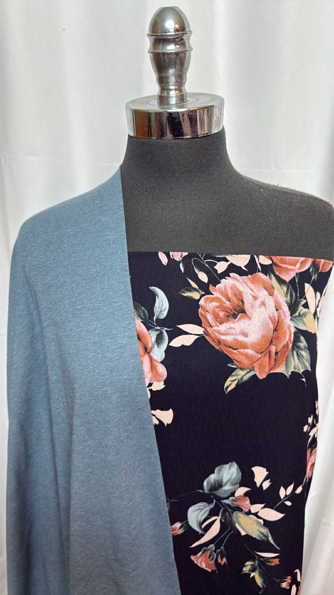 TEAL/NAVY FLORAL BUNDLE : 2YD Navy Floral Poly Woven & 1YD Teal 1x1 Combed Cotton Rib : A28063