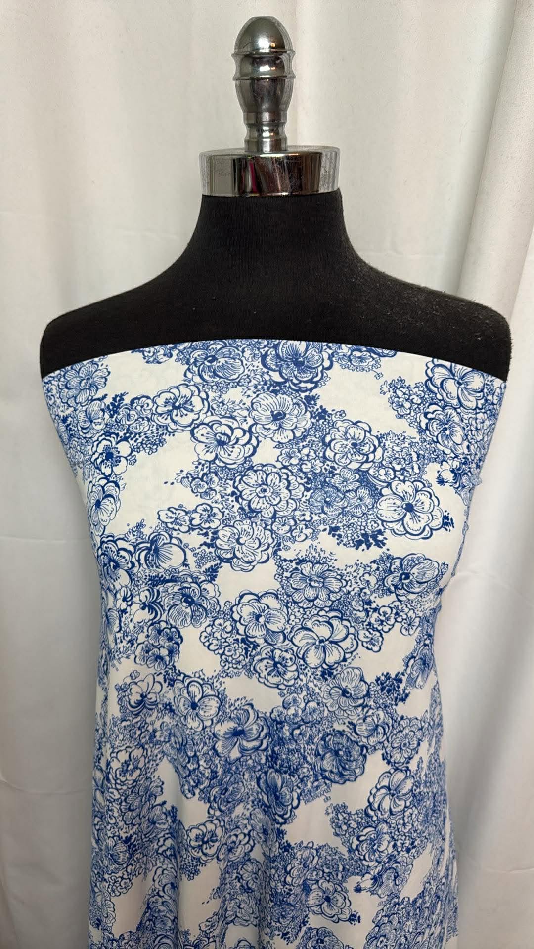Blue Floral on Ivory - Nylon/Spandex Swim- 2 Yard Cut