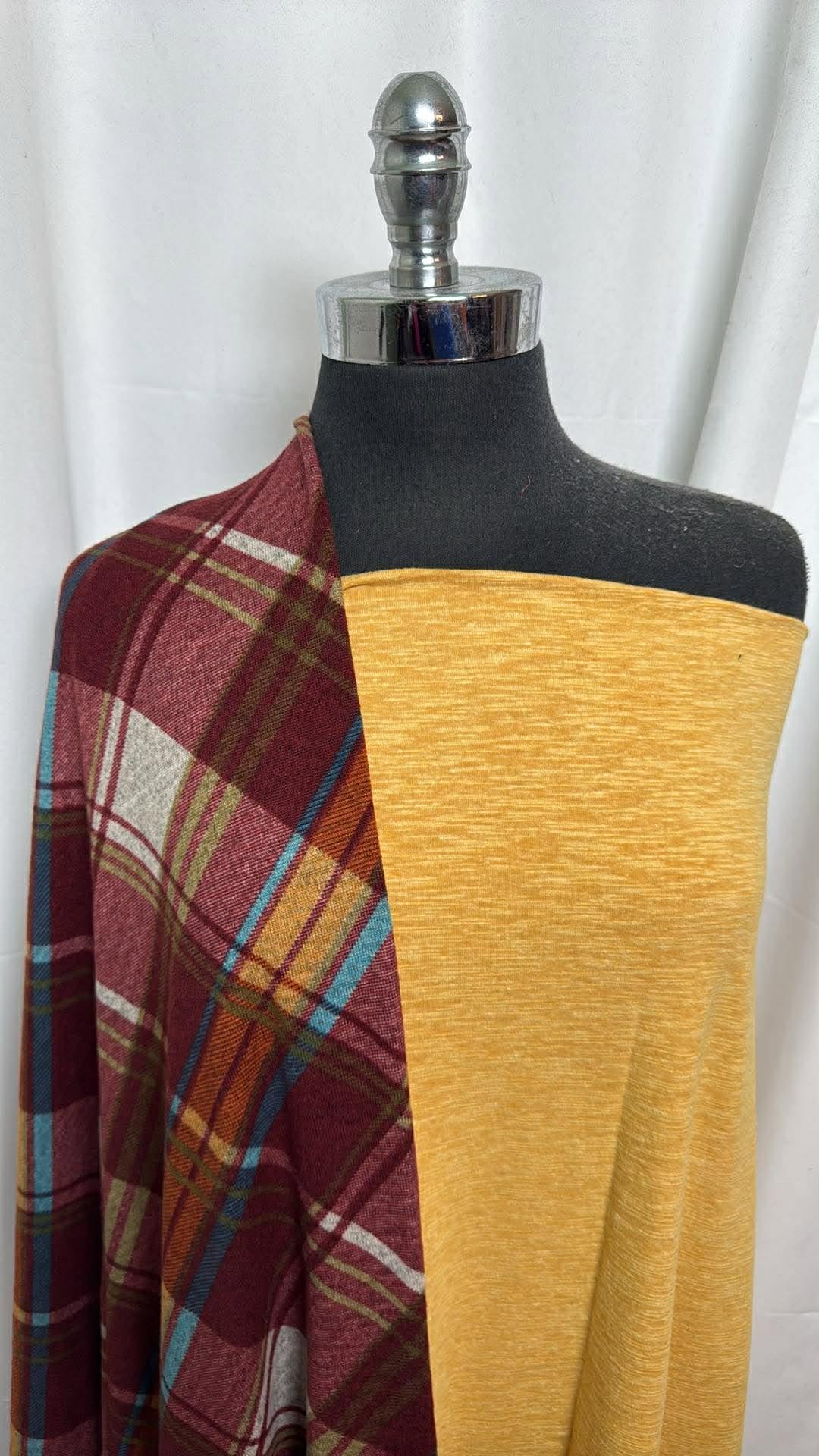MUSTARD/BURGUNDY PLAID BUNDLE : 1YD Mustard C/S Slub Jersey & 2YD Burgundy Plaid Brushed Hacci SK : A30309
