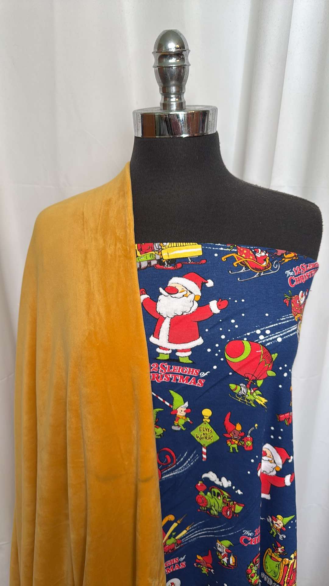 MUSTARD/SANTA SLEIGH BUNDLE : 1+YD Santa Sleigh Cotton Interlock & 3YD Mustard Velvet Plush (Small Flaw) : A26483