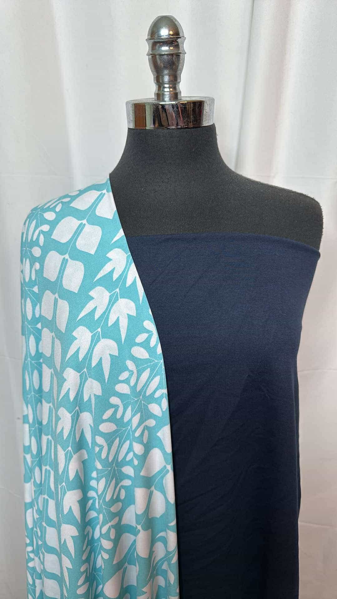 NAVY/LIGHT BLUE LEAVES BUNDLE : 2YD Light Blue Leaves ITY & 1.5YD Navy Peached PF : A26994