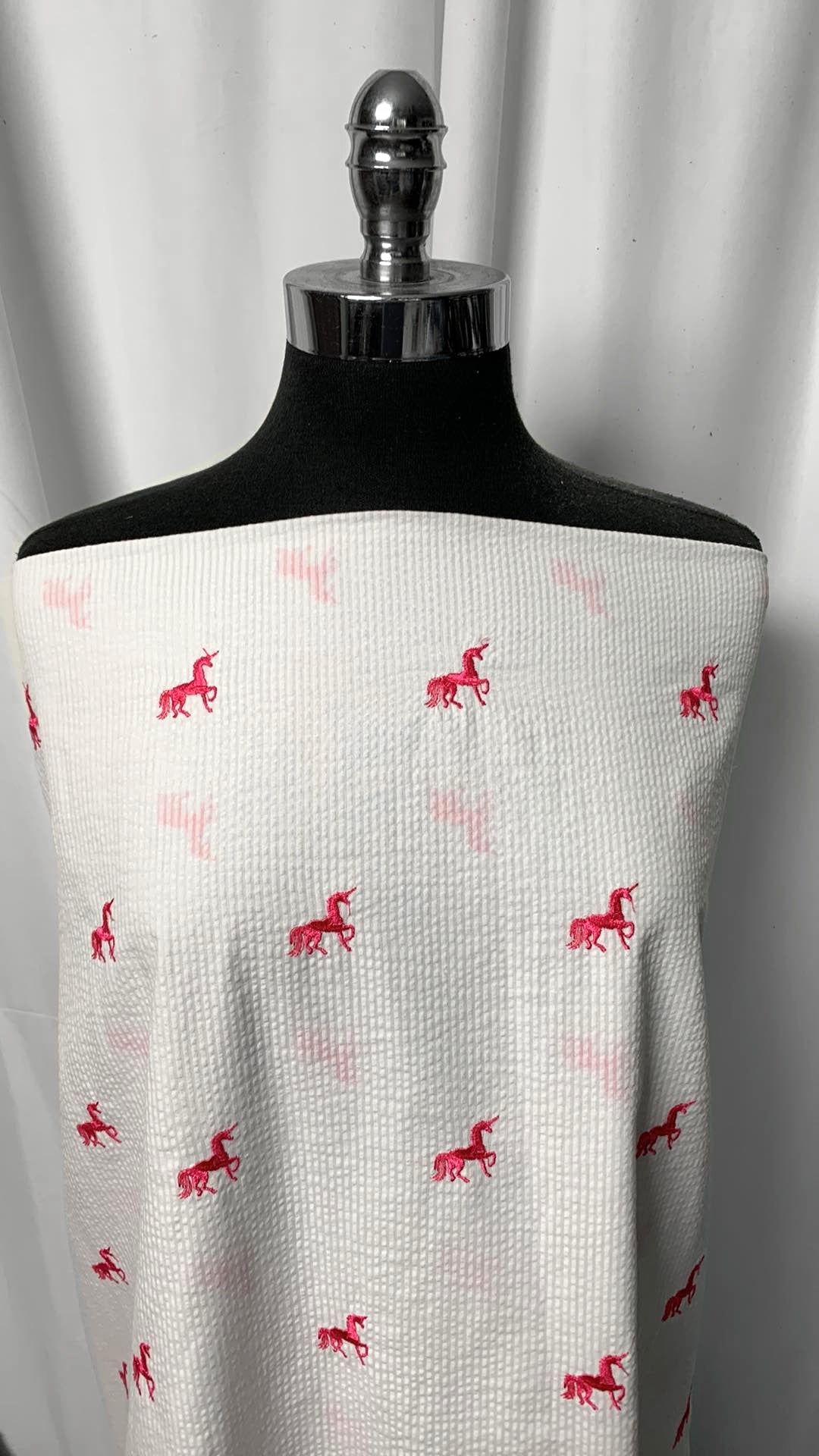 Embroidered Pink Unicorns - Cotton/Poly Seersucker Woven - 3 Yard Cut