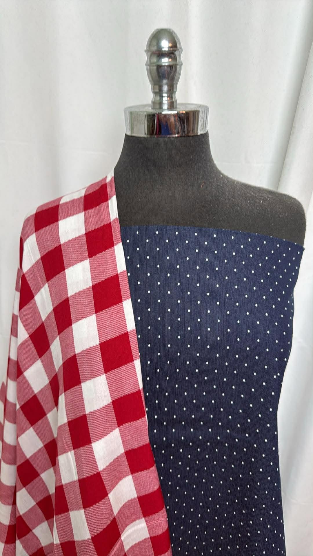 DENIM DOTS/RED PLAID BUNDLE : 2YD Stretch Denim w/Dots & 2YD Red Plaid Rayon Woven : A30314