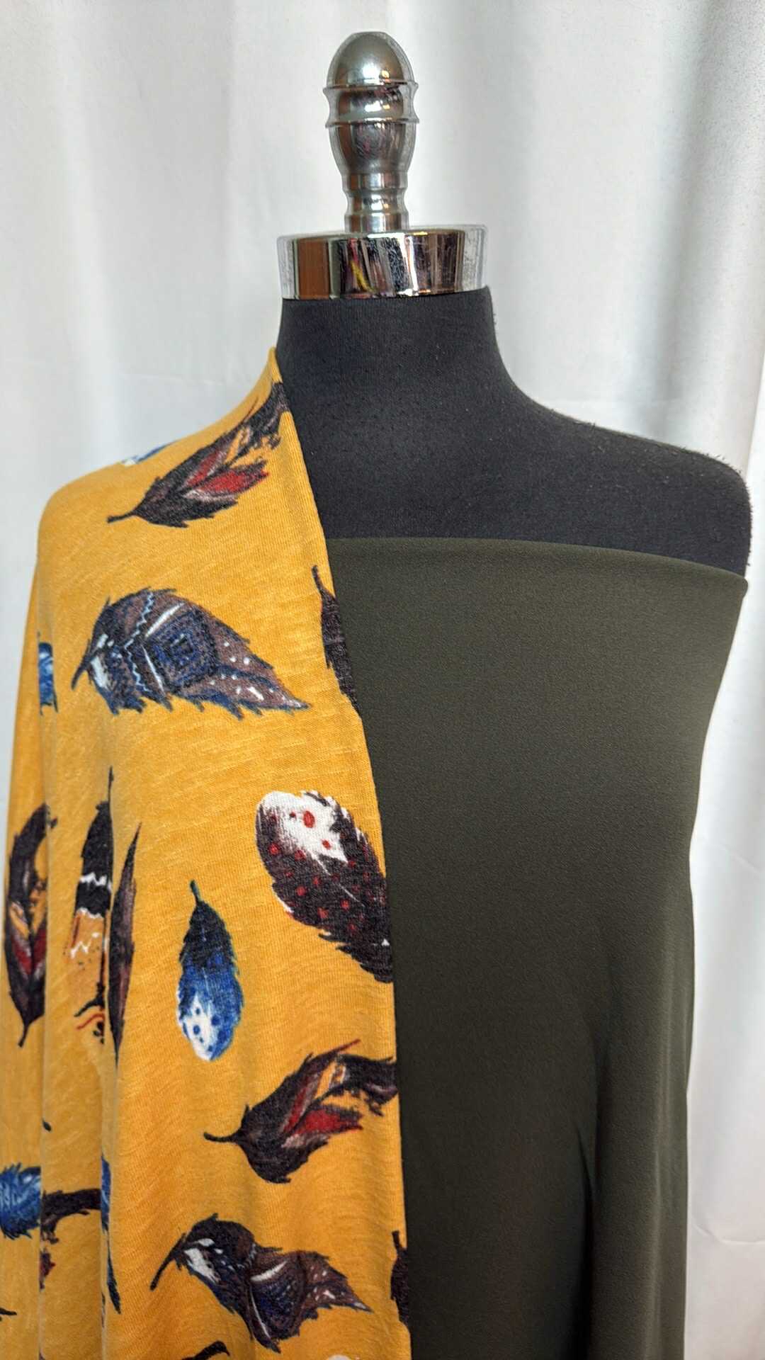 OLIVE/MUSTARD FEATHERS BUNDLE : 2YD Mustard Feathers SK & 2YD Olive Crepe Scuba : A28790