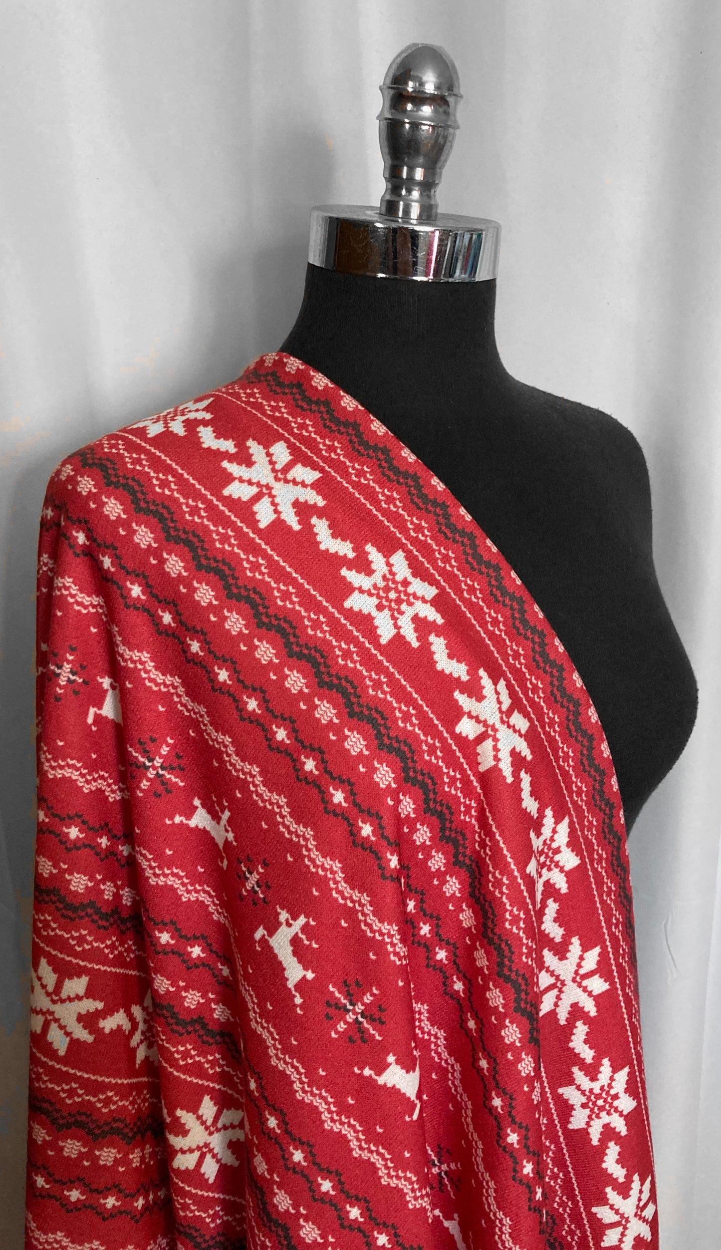 Red Snowflake/Deer Stripe - Hacci Sweater Knit - 3 Yard Cut