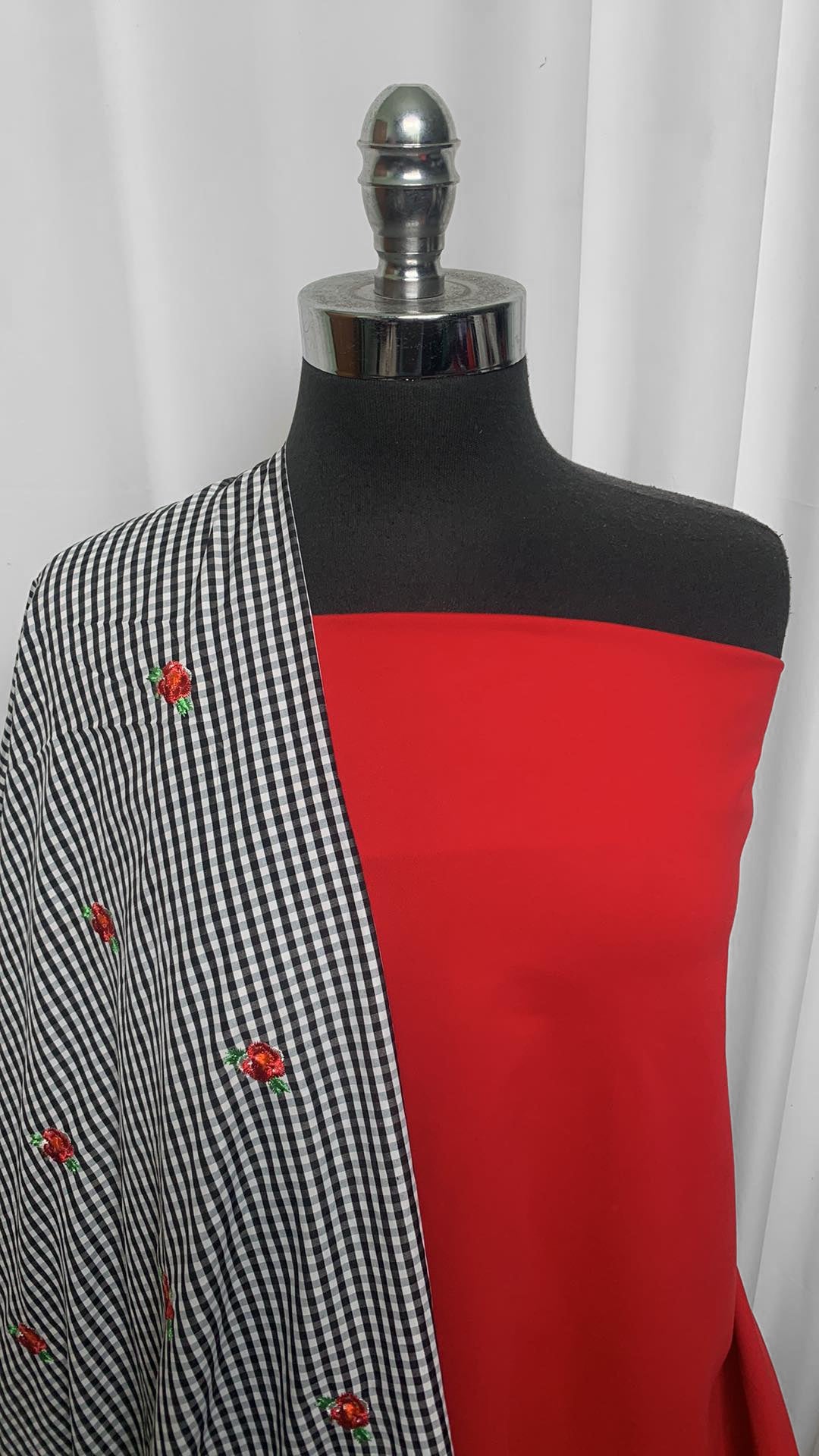 RED/GINGHAM BUNDLE : 1YD True Red Peached PF & 2YD Gingham Embroidered Poly Woven : A25484