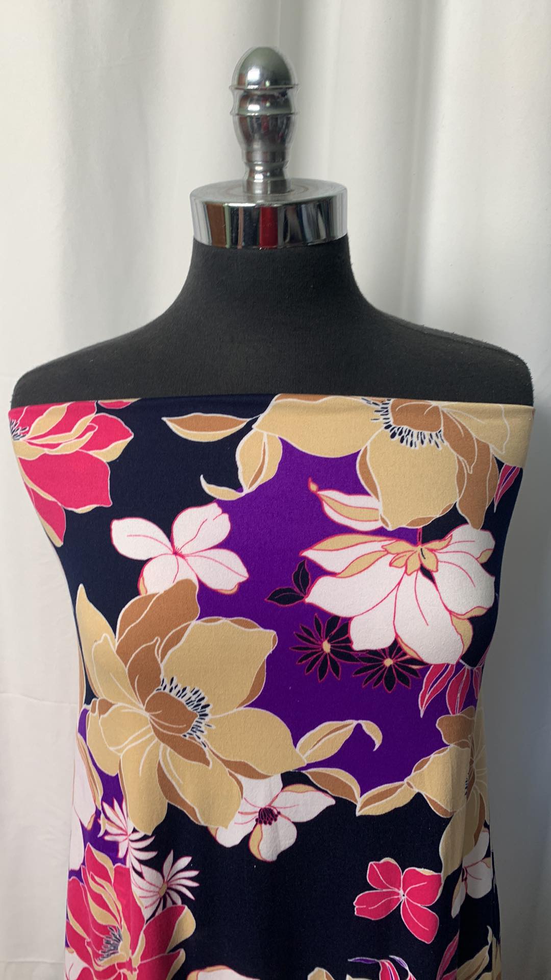 Big Pink/Purple Floral on Navy - Double Brushed Poly Spandex - 2 Yard Cut