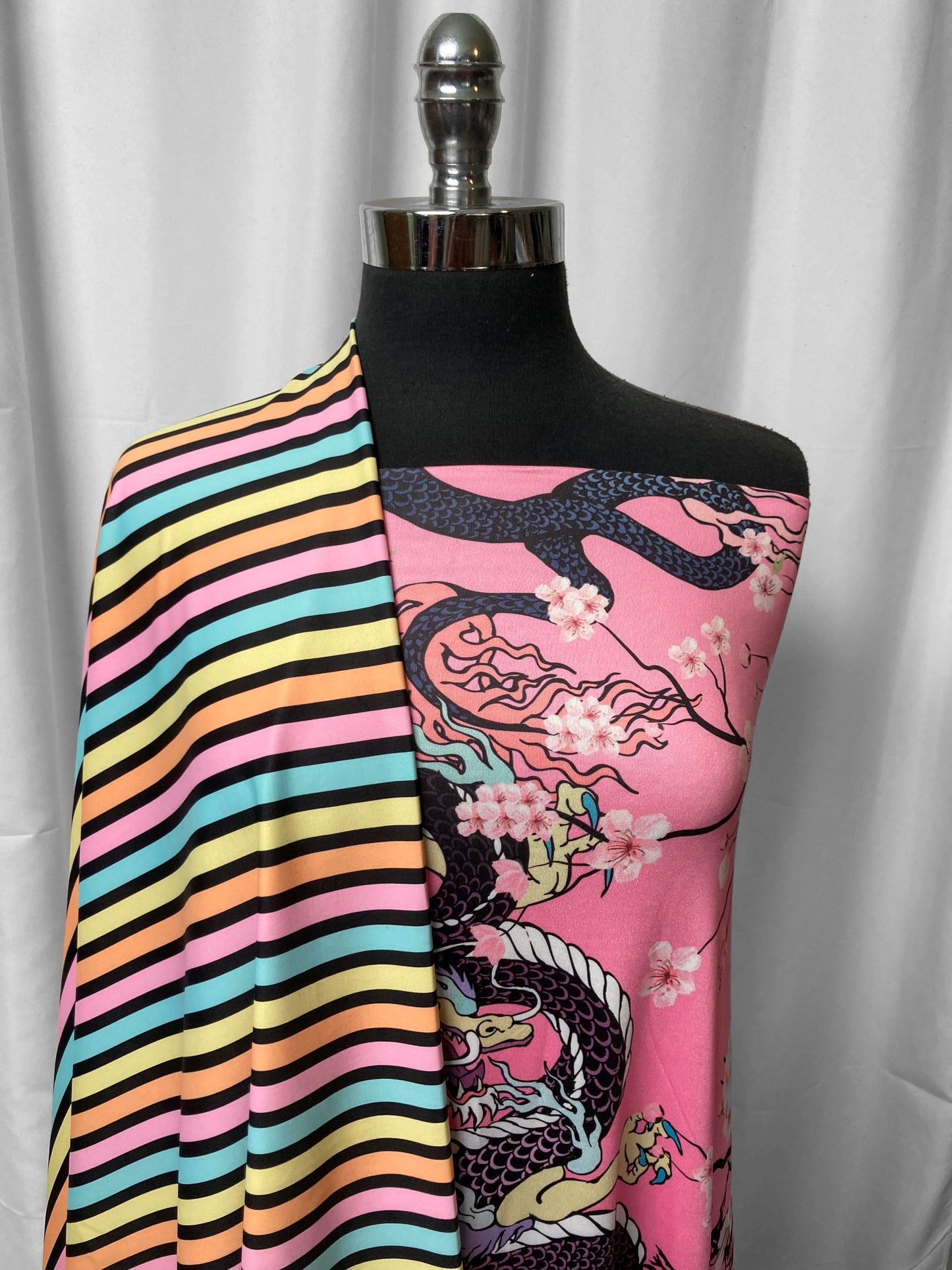 STRIPE/DRAGON BUNDLE : 3YD Pink Dragon Venezia ITY & 1YD Pastel/Black Stripe N/S : A2545