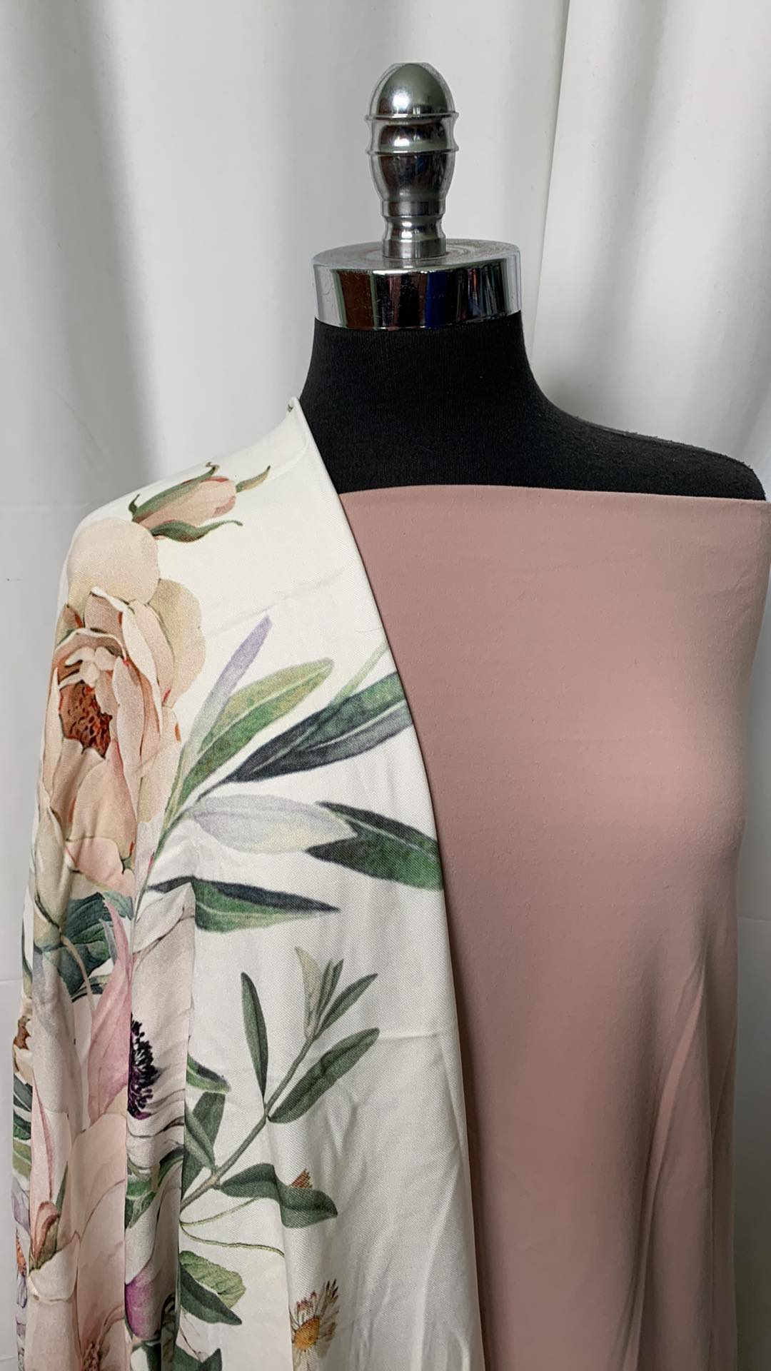 TAUPE/FLORAL BUNDLE : 3YD Taupe Brushed Supplex & 2YD Ivory Floral Rayon Woven : A1996