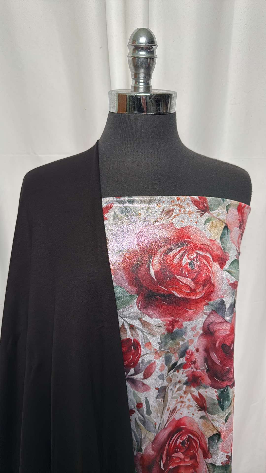 BLACK/RED FLORAL FOIL BUNDLE : 34" Cut of Red Floral Foil PF & 2YD Black Cotton Ponte : A26654