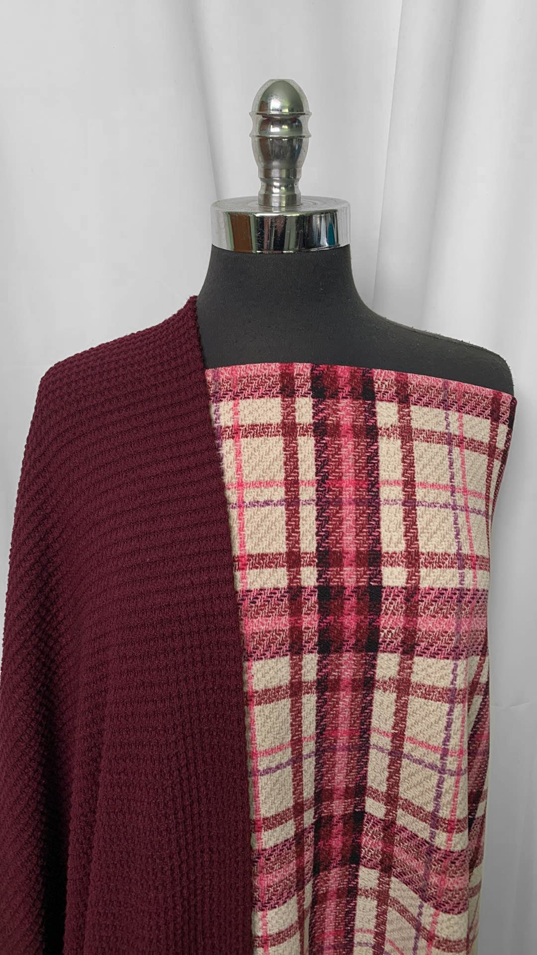 BURGUNDY PLAID BUNDLE : 2YD Plaid Liverpool & 2YD Burgundy Pucker Waffle : A2234