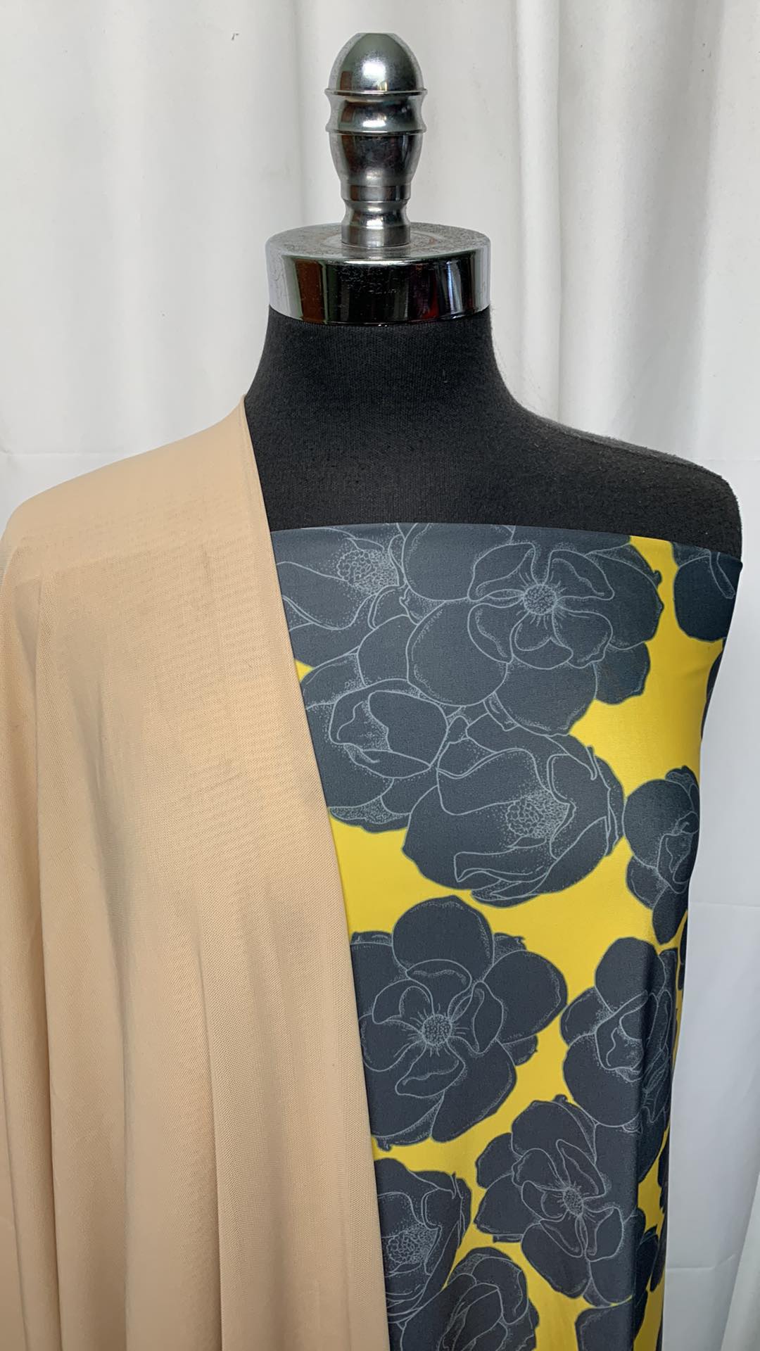 FLORAL/POWER MESH BUNDLE : 2YD Charcoal/Yellow Floral N/S & 1YD Heavy Power Mesh : A25442