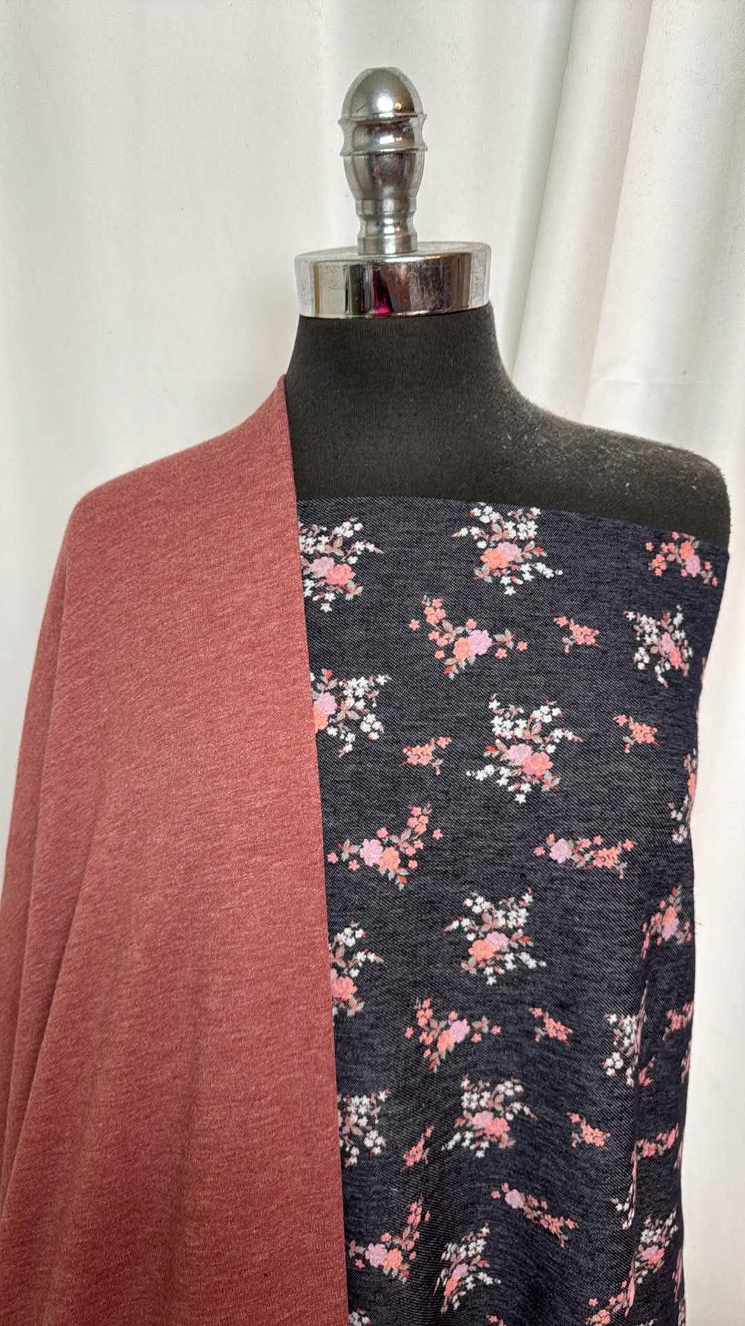 FLORAL KNIT DENIM BUNDLE : 4YD Navy Floral Knit Denim & 3YD PRS FT : A30762