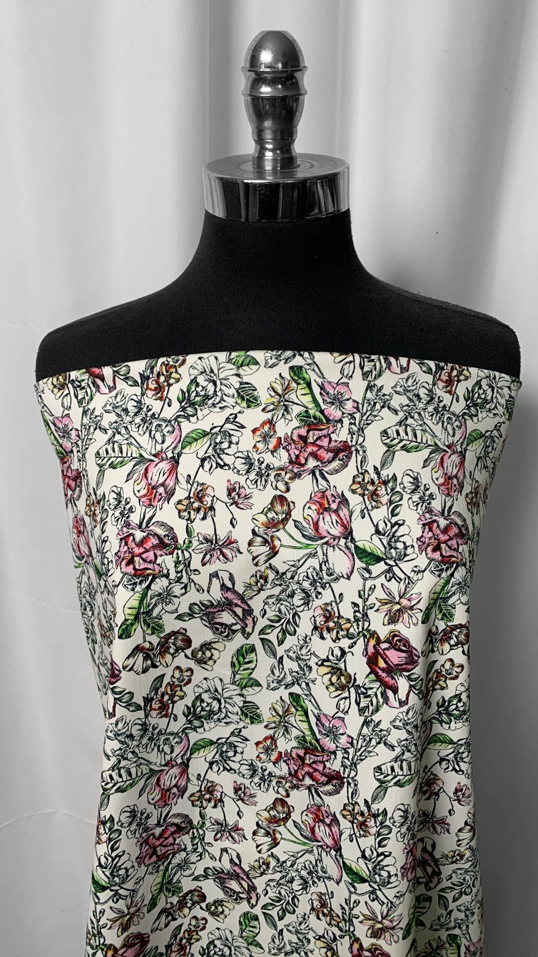 Ivory Floral - Stretch Twill - 3 Yard Cut