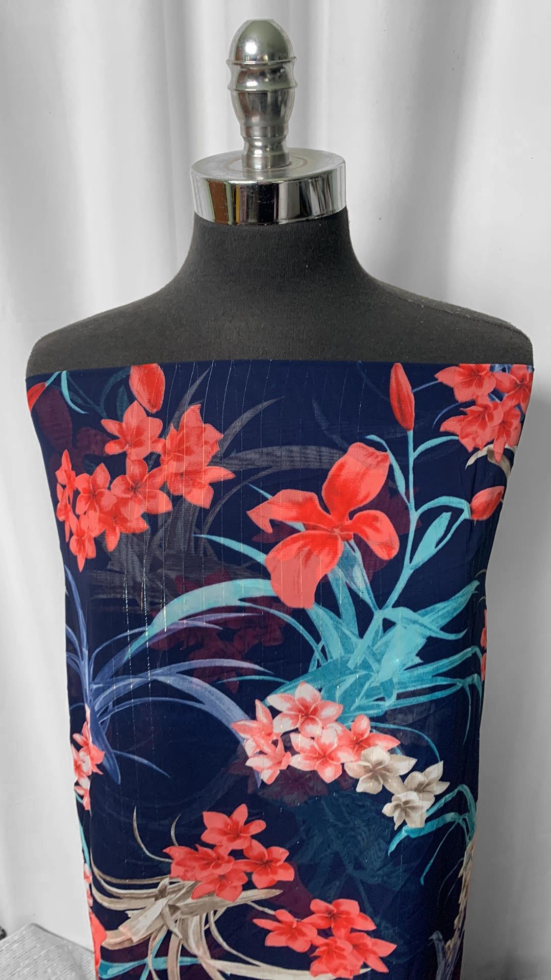 Floral w/Vertical Lurex Stripes - Chiffon Woven - 2 Yard Cut