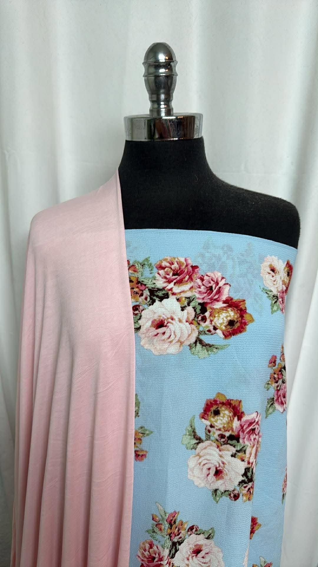PINK/LIGHT BLUE FLORAL BUNDLE : 2.5YD Pink Poly/Modal & 2YD Light Blue Floral Bubble Crepe : A30230