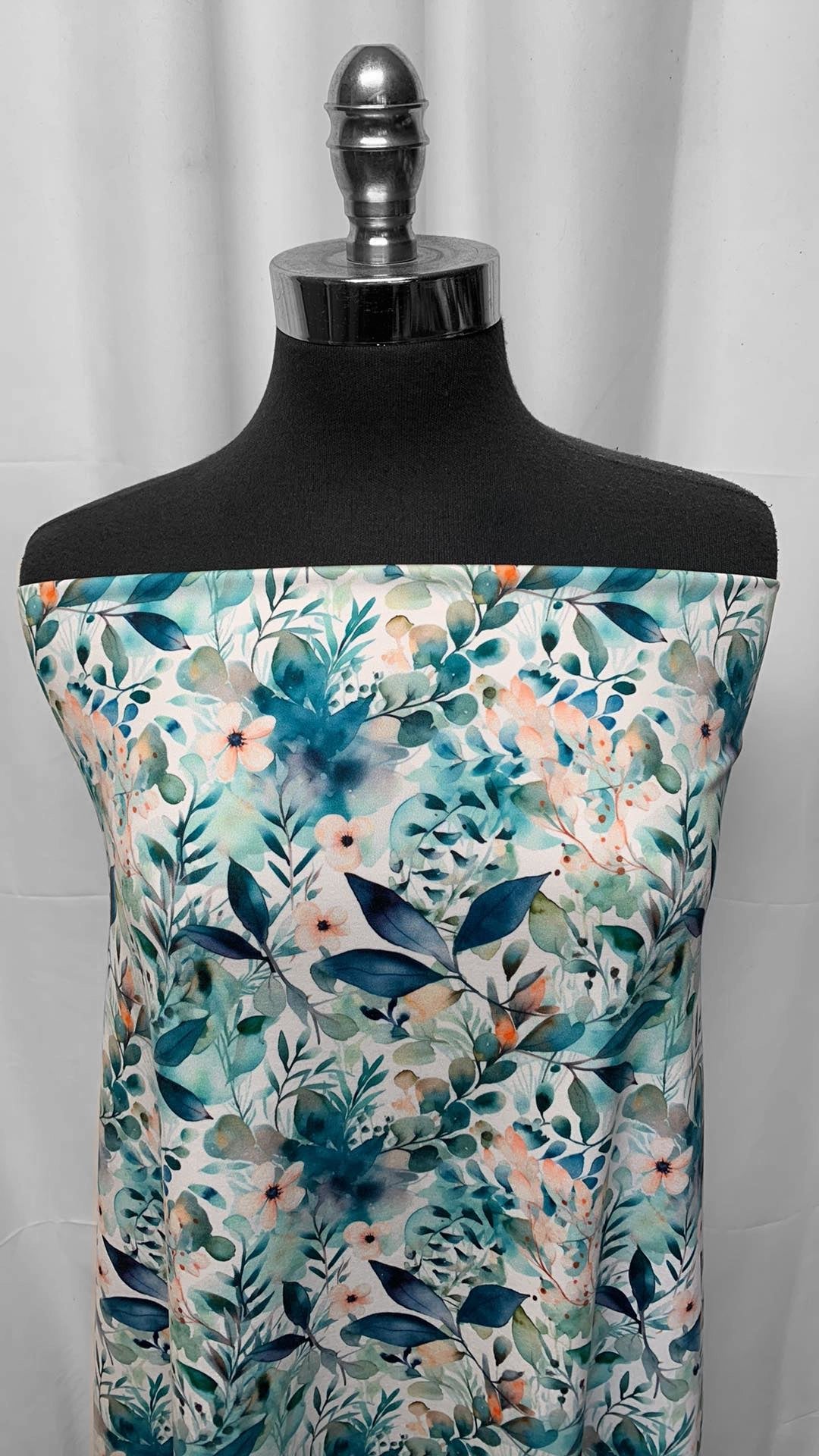 Blue/Green Floral - Peached Performance - 4 Yard Cut