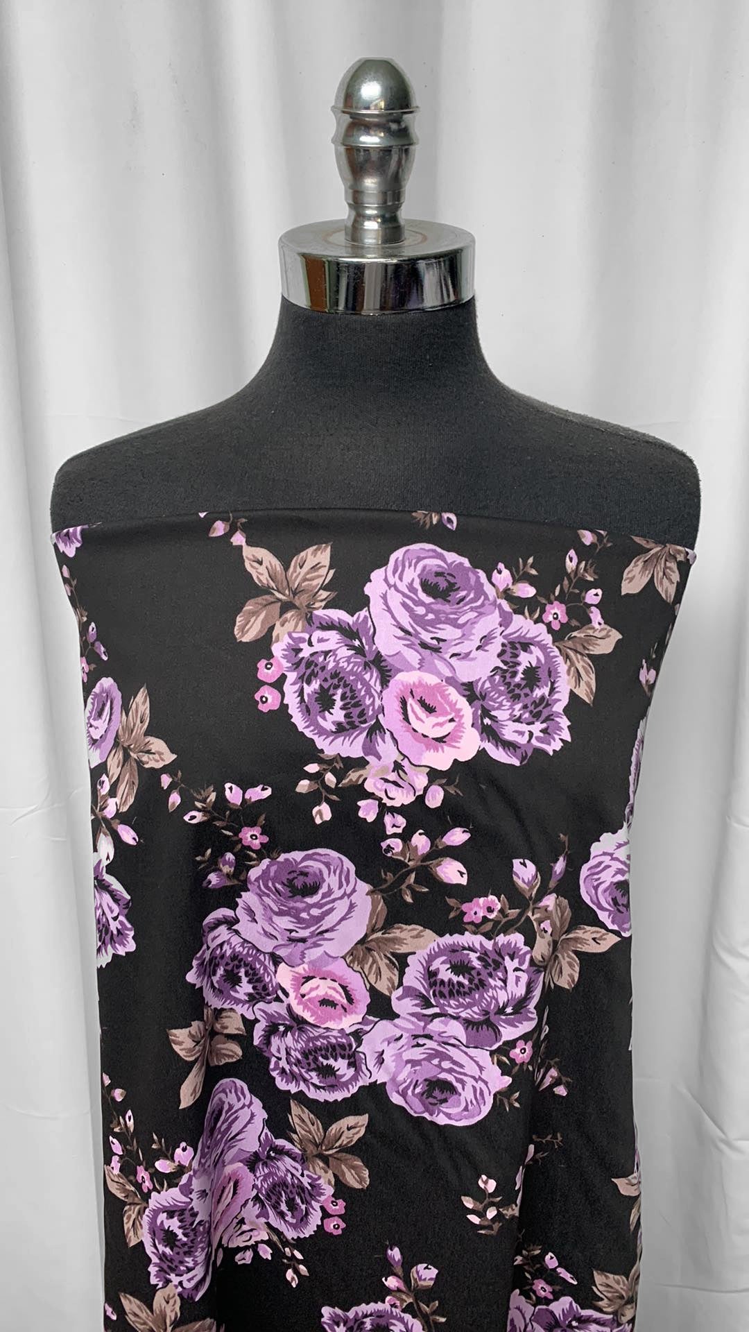 Black/Purple Floral - Stretch Cotton Woven - 3 Yard Cut