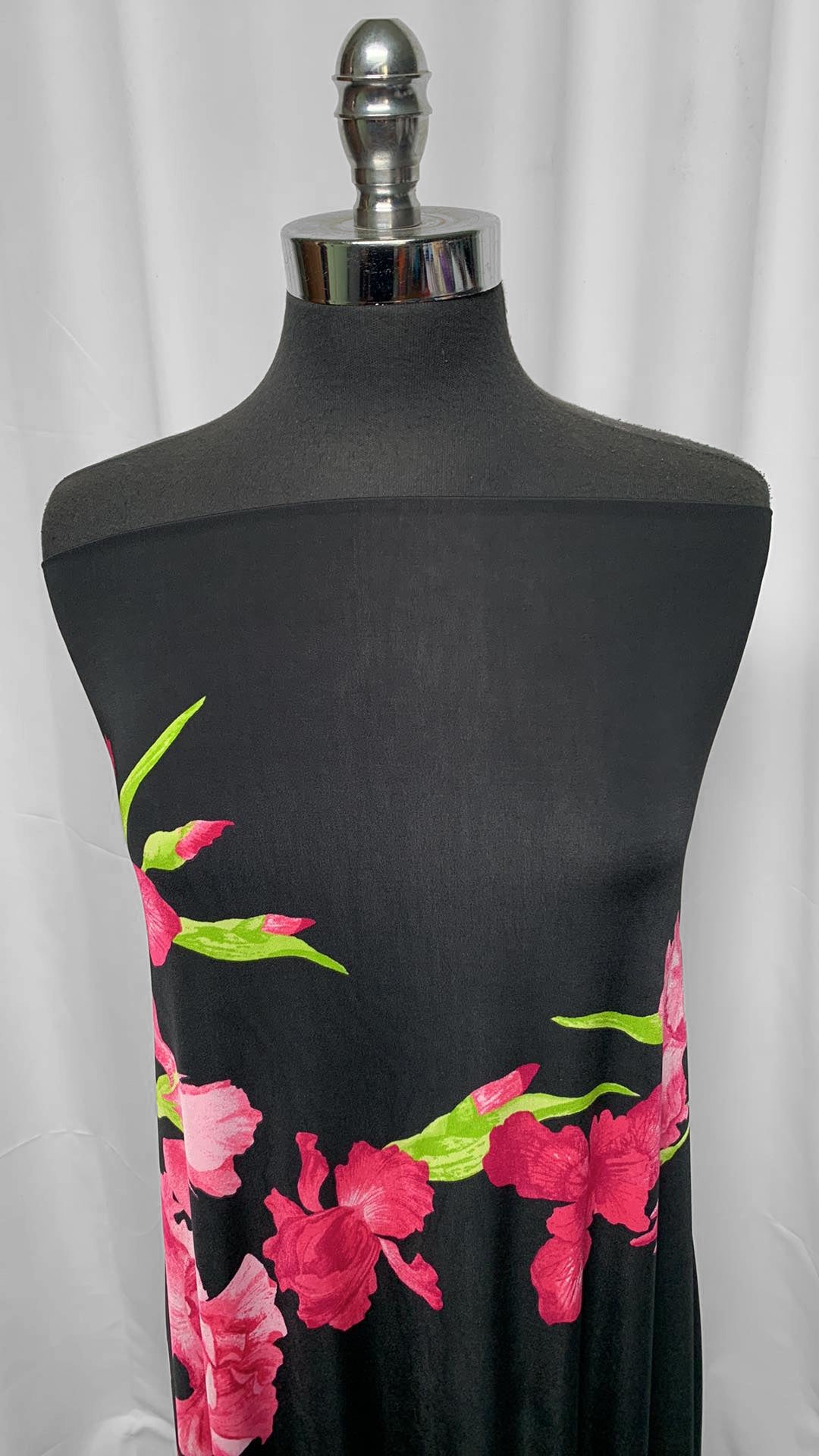 Pink Flowers on Black - ITY - 3 Yard Cut