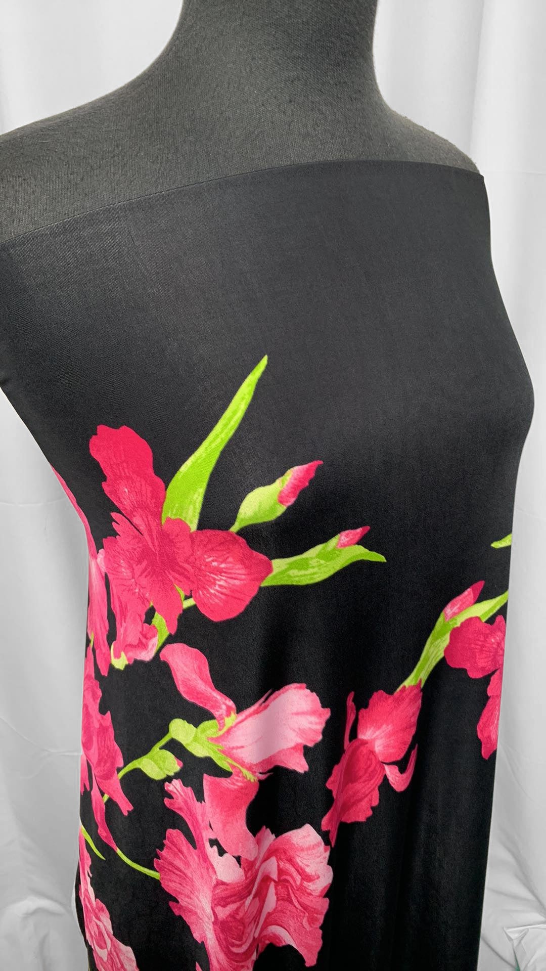Pink Flowers on Black - ITY - 3 Yard Cut