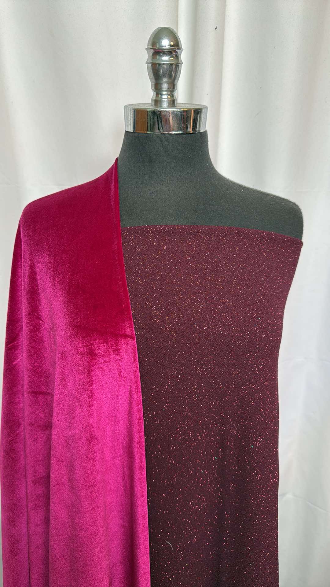 DEEP PINK/EGGPLANT GLITTER BUNDLE : 2YD Deep Pink Stretch Velvet & 1+YD Eggplant Glitter Liverpool : A26141