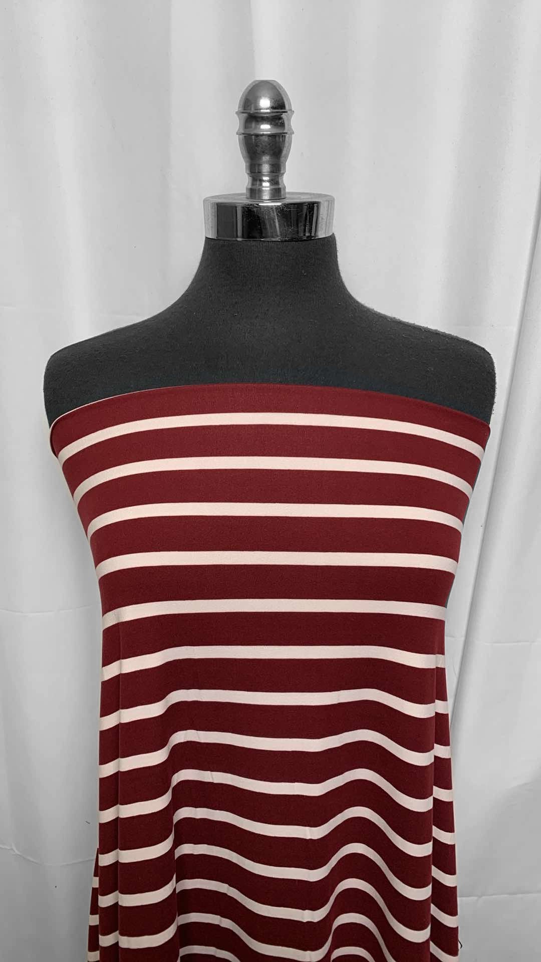 Burgundy/Ivory Stripe - Double Brushed Poly Spandex - 2 Yard Cut