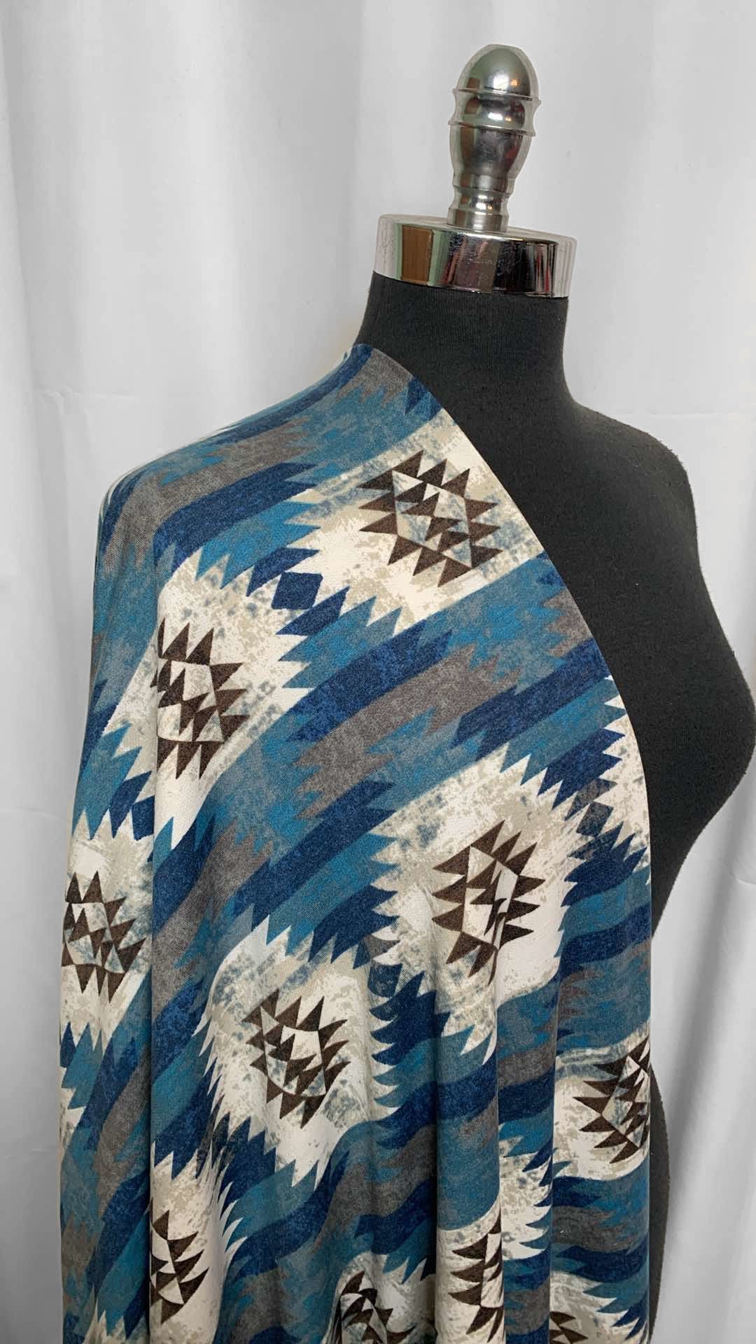 Blue/Grey/Ivory Southwest - Poly/Rayon/Spandex French Terry - 2 Yard Cut