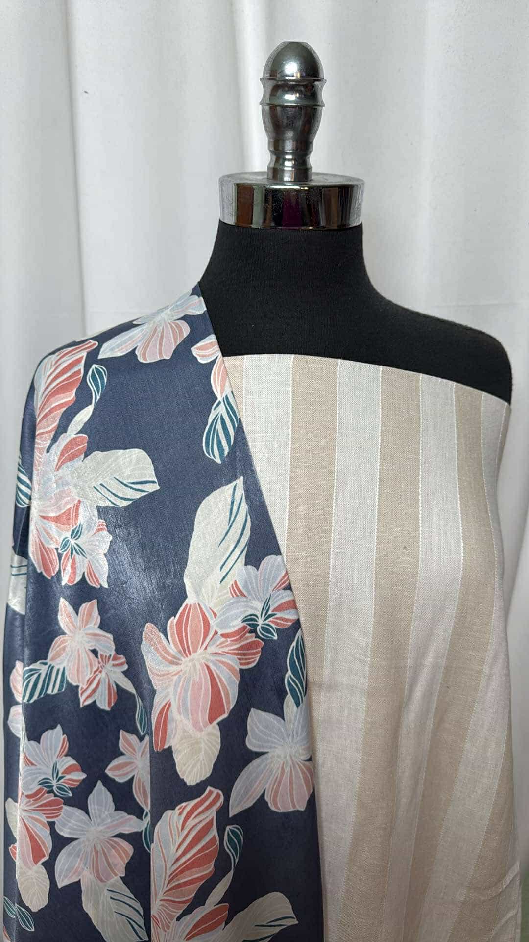 FLORAL SATIN/LINEN STRIPE BUNDLE : 2YD Floral Poly Satin & 2YD Stripe Linen-Blend Woven : A26940