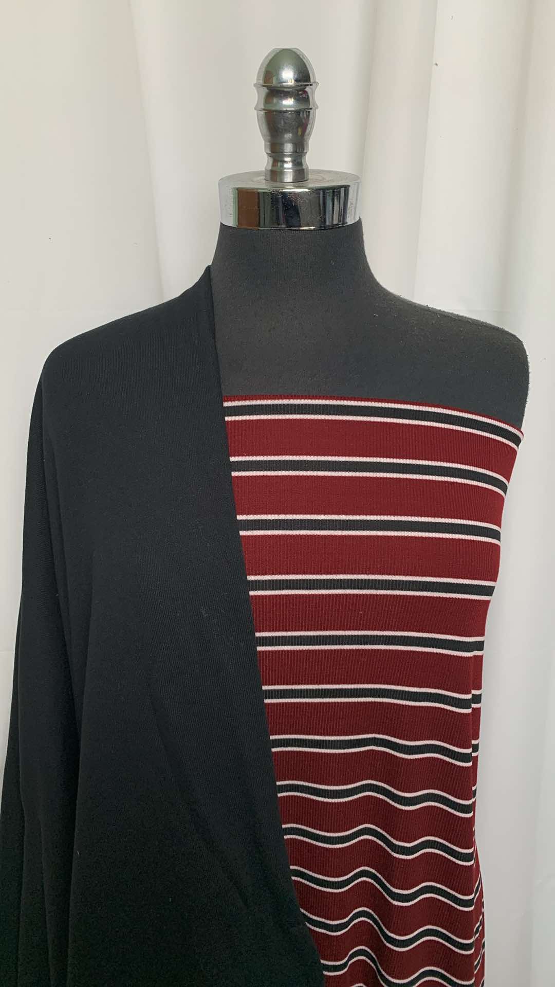 BLACK/BURGUNDY STRIPE BUNDLE : 1.5YD Black Sweatshirt Fleece (72" Wide) & 3YD Burgundy Stripe R/S Rib : A25852