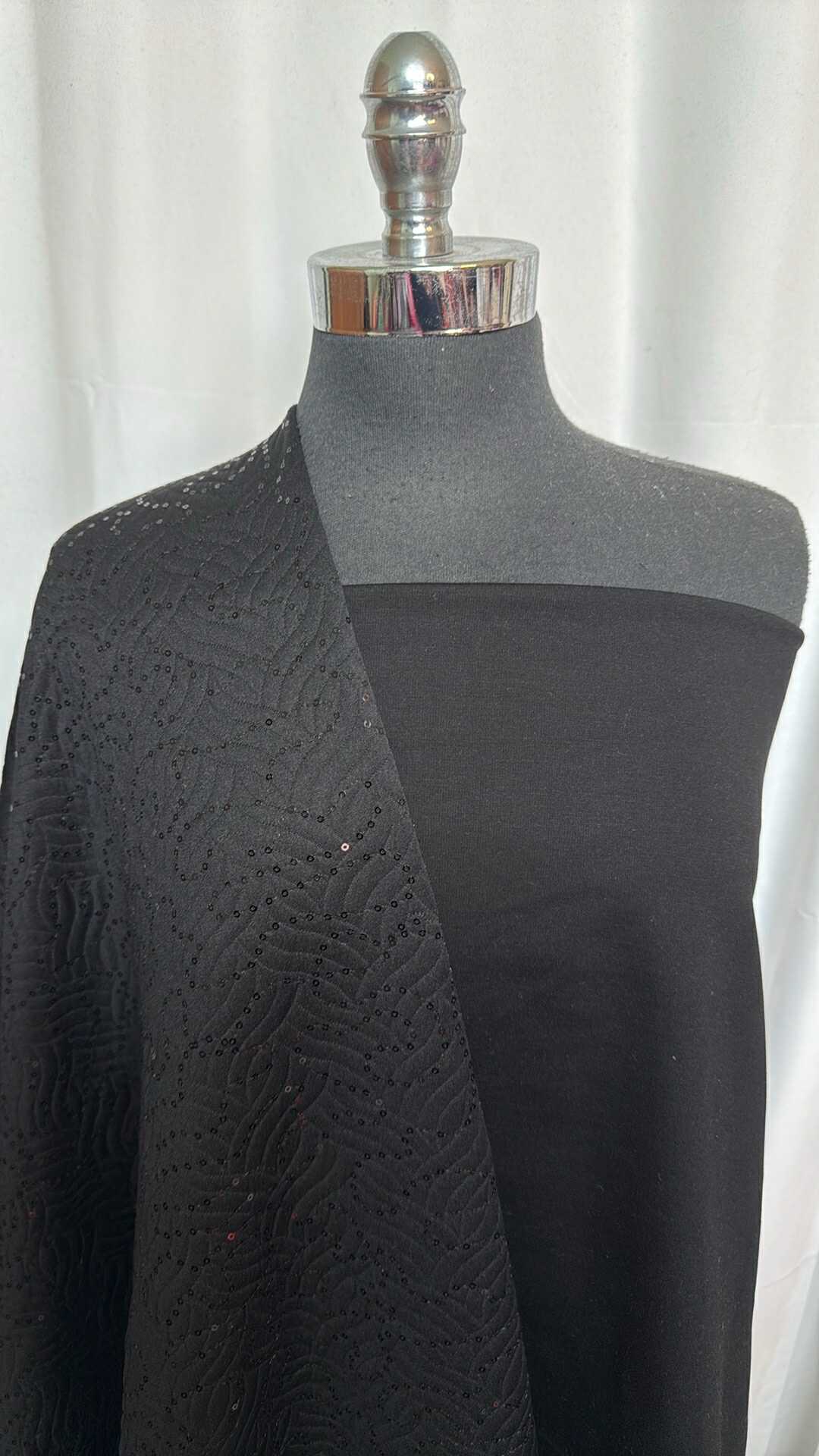 BLACK SEQUINS QUILTED BUNDLE : 2YD Black Quilted w/Sequins & 1YD Black Ponte : A28469