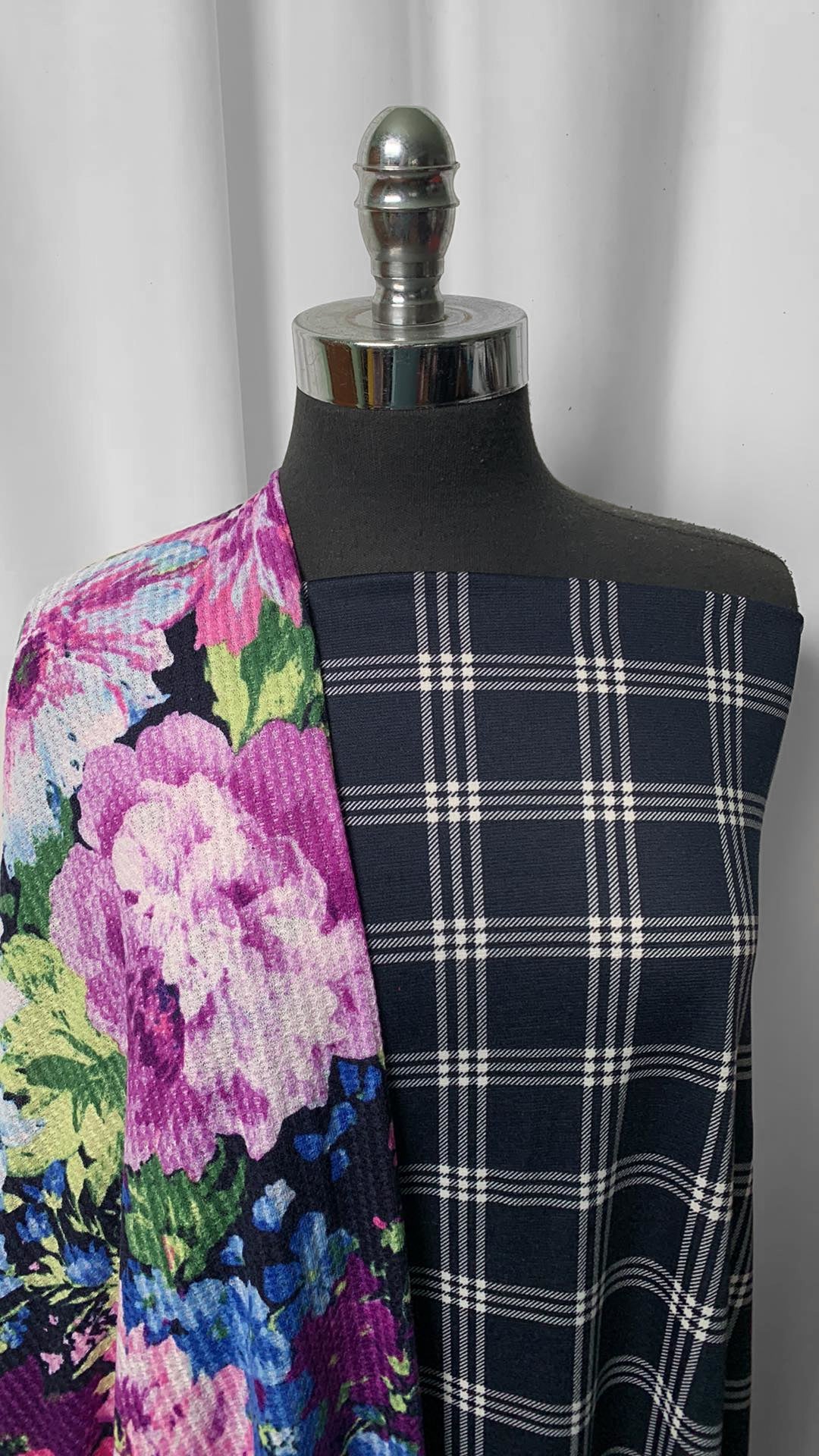 PURPLE FLORAL/PLAID BUNDLE : 2YD Navy Plaid Ponte & 2YD Purple Floral Waffle : A2352