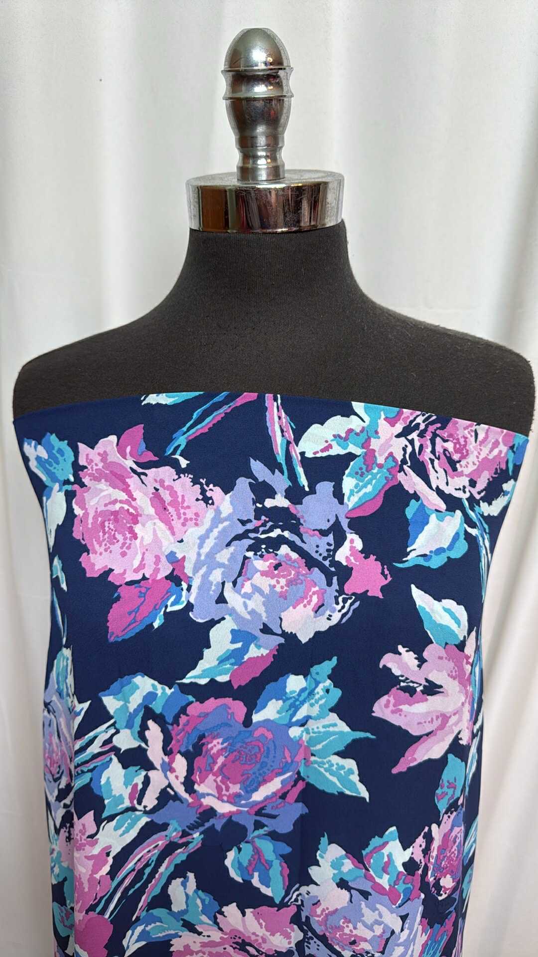 Blue/Pink Floral - Poly Wool Dobby - 2 Yard Cut