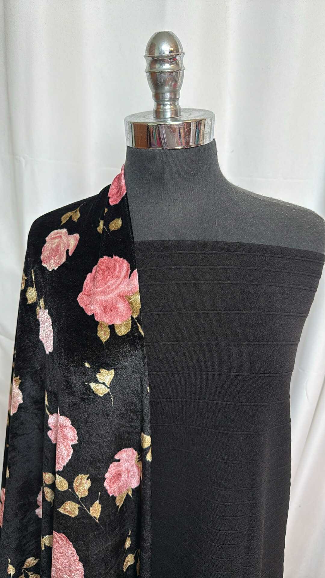 BLACK/FLORAL VELVET BUNDLE : 2YD Black Ottoman & 2YD Black Floral Stretch Velvet : A28639