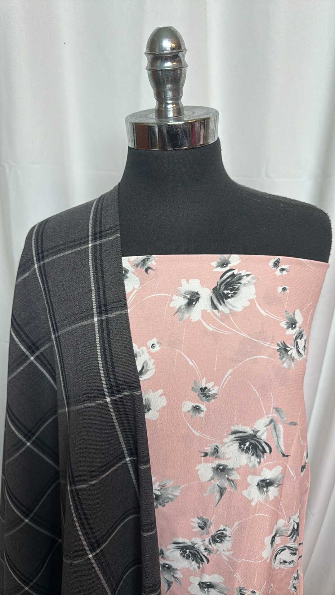 CHARCOAL PLAID/BLUSH FLORAL BUNDLE : 2YD Blush Floral Poly Woven & 2YD Charcoal Plaid Poly/Rayon Woven : A27904