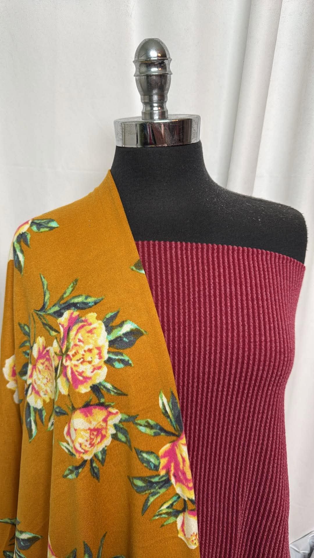 BURGUNDY RIB/MUSTARD FLORAL BUNDLE : 1.5YD Burgundy Urban Rib & 1YD Mustard Floral Brushed Hacci SK : A30685