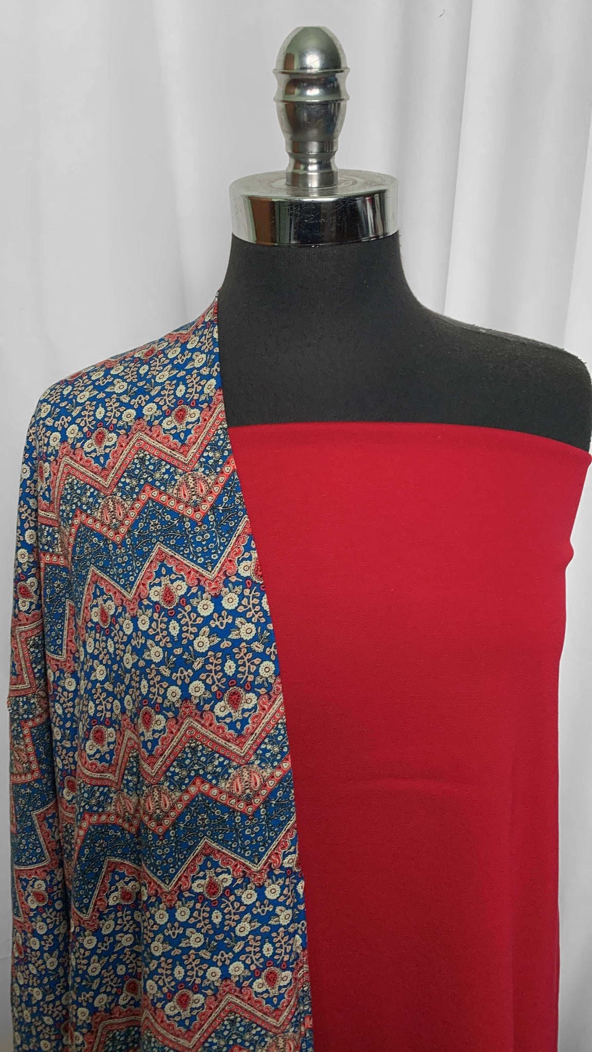 RED/FLORAL CHEVRON BUNDLE : 2YD Floral Chevron Rayon Challis & 1.5YD Red Nylon Ponte : A25599