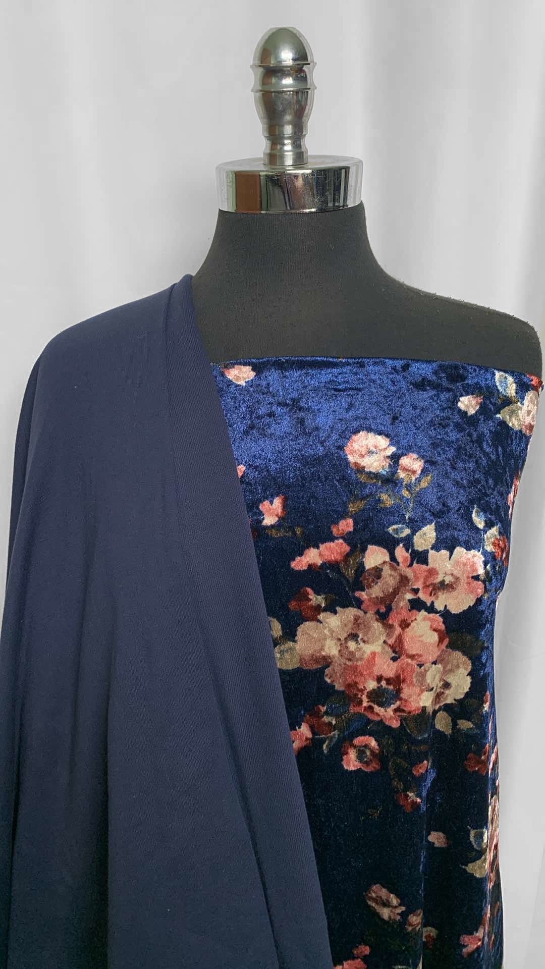 DOUBLE NAVY/FLORAL VELVET BUNDLE : 1YD Navy Sweatshirt Fleece (72" Wide) & 1YD Navy Rib & 2YD Floral Stretch Velvet : A25896