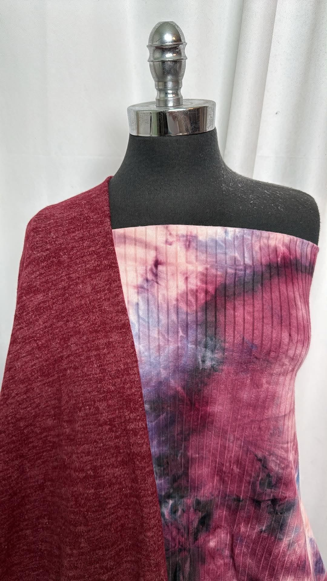 BURGUNDY/TIE DYE RIB BUNDLE : 2.5YD Tie Dye Rib DBP & 3YD Burgundy Brushed Hacci SK : A31045