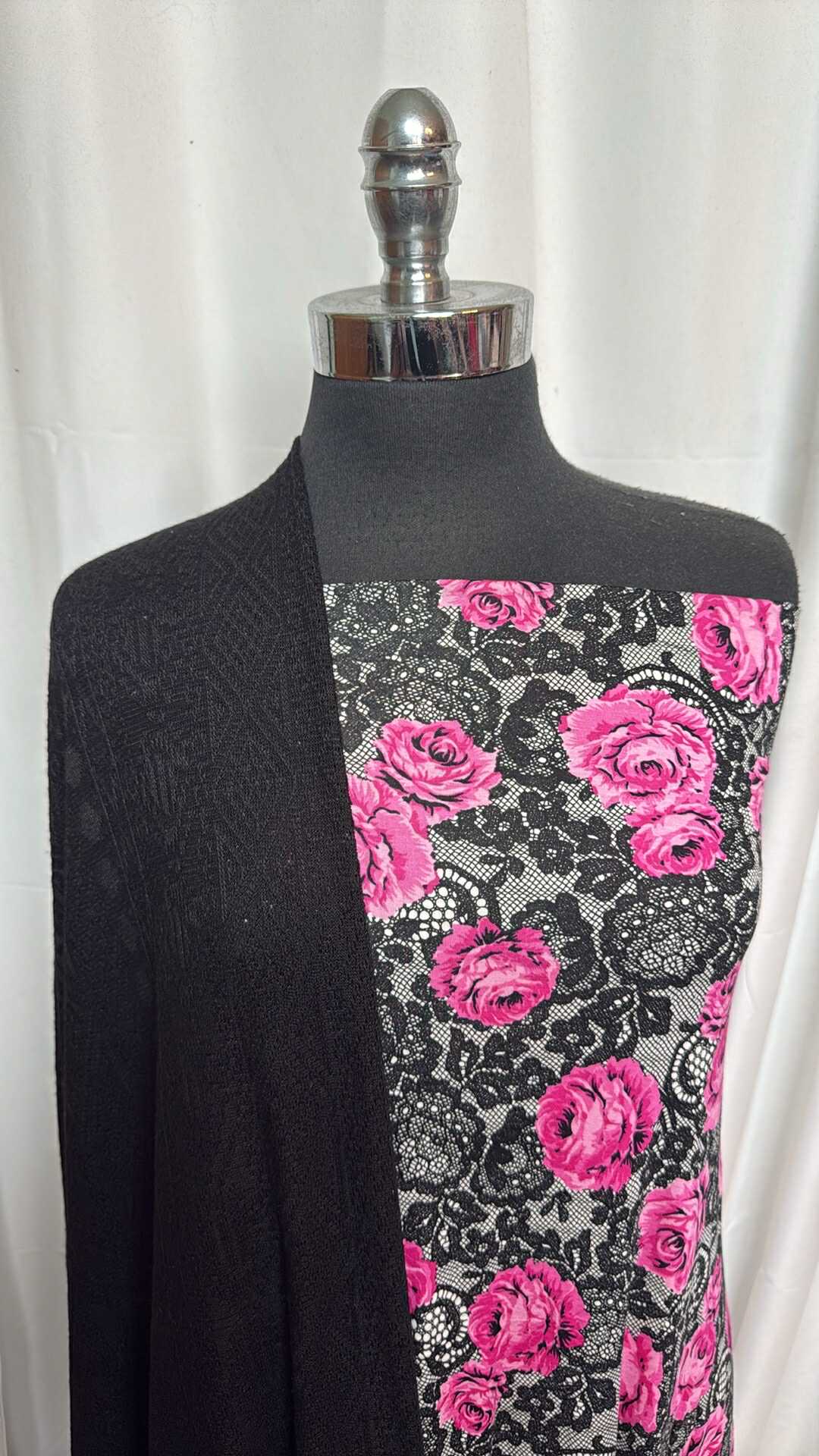 BLACK/PINK LACE/FLORAL BUNDLE : 2YD Black Textured Light-Weight SK & 2.5YD Black/Pink Lace/Floral Modal : A27928