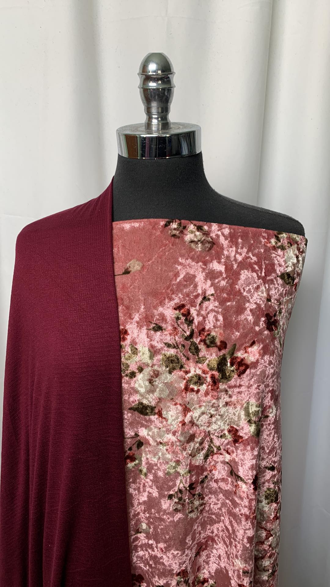 CRUSHED FLORAL BUNDLE : 2YD Floral Stretch Crushed Velvet & 2YD Burgundy Knit Gauze : A1537