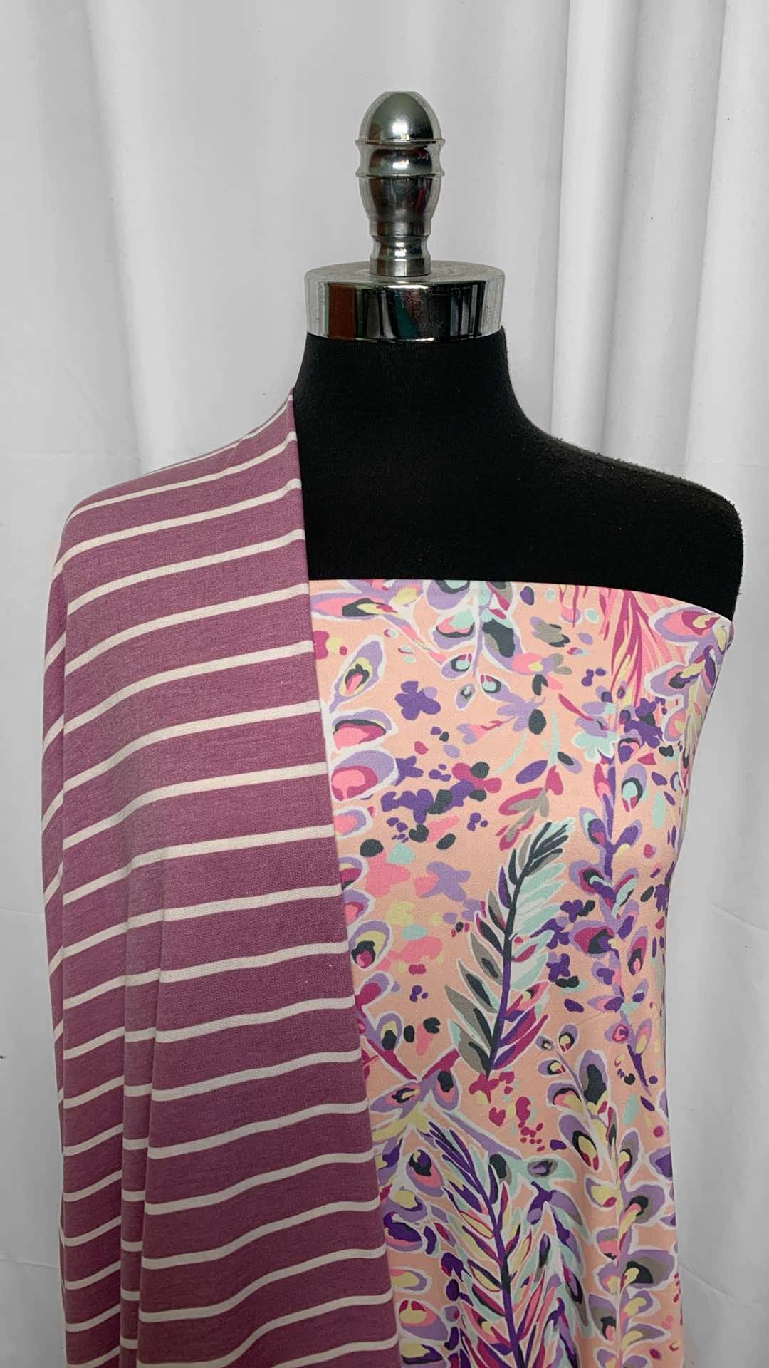 STRIPE/LEAVES BUNDLE : 2.5YD Leaves on Pink ITY & 1+YD Stripe PRS FT : A25805