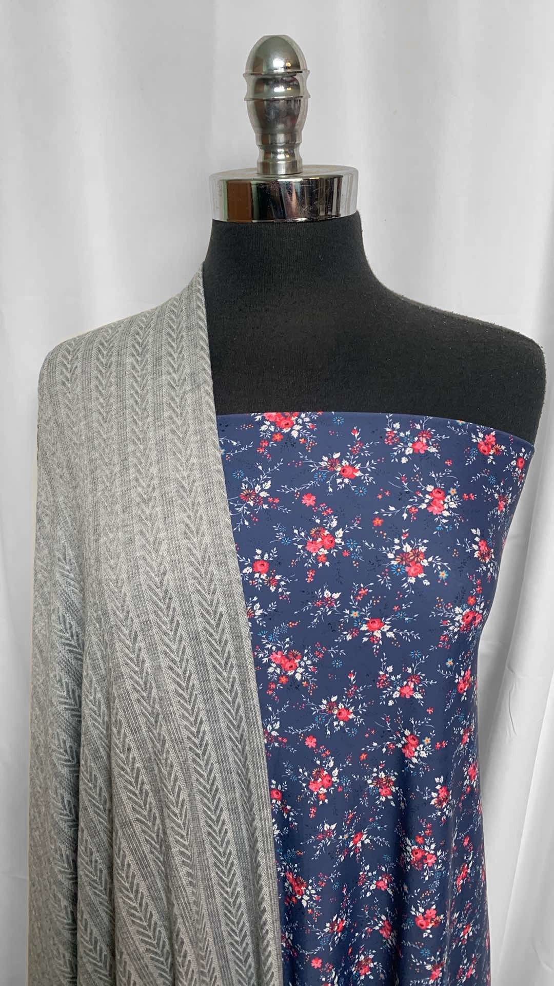 GREY/NAVY FLORAL BUNDLE : 2YD Navy Floral Yoga PF & 2.5YD Grey PRS Jacquard : A25968