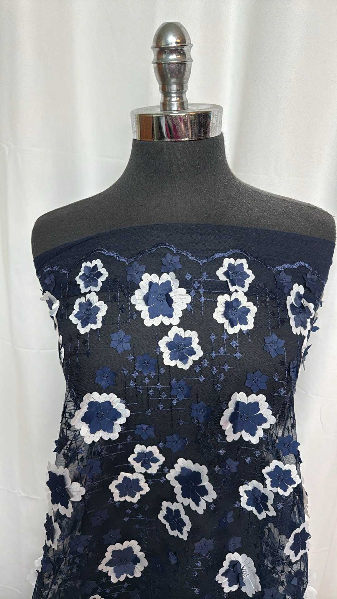 Navy Double-Border Embellished & Embroidered Tulle - 2 Yard Cut