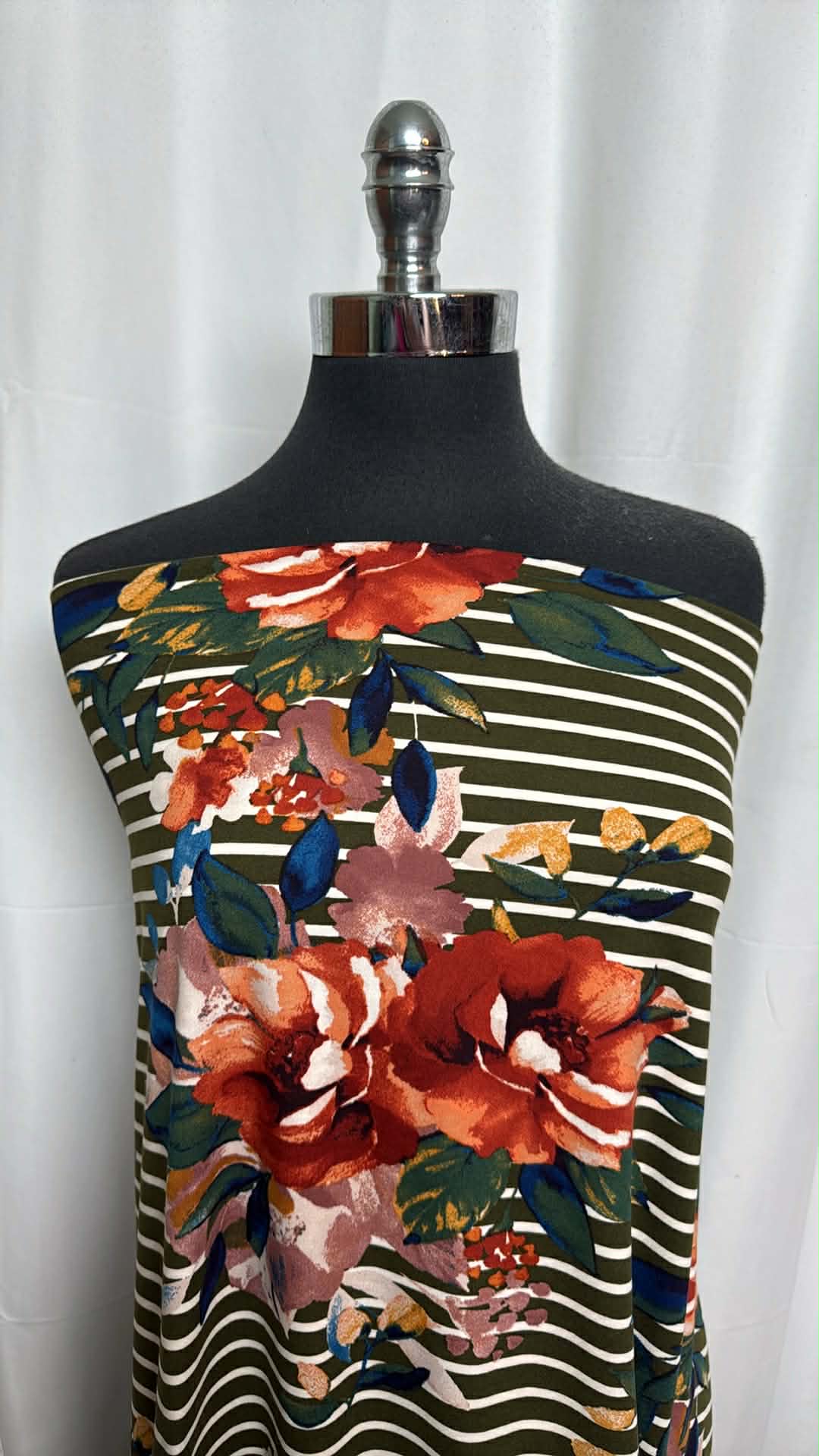 Olive Stripe/Floral - Double Brushed Poly Spandex - 3 Yard Cut