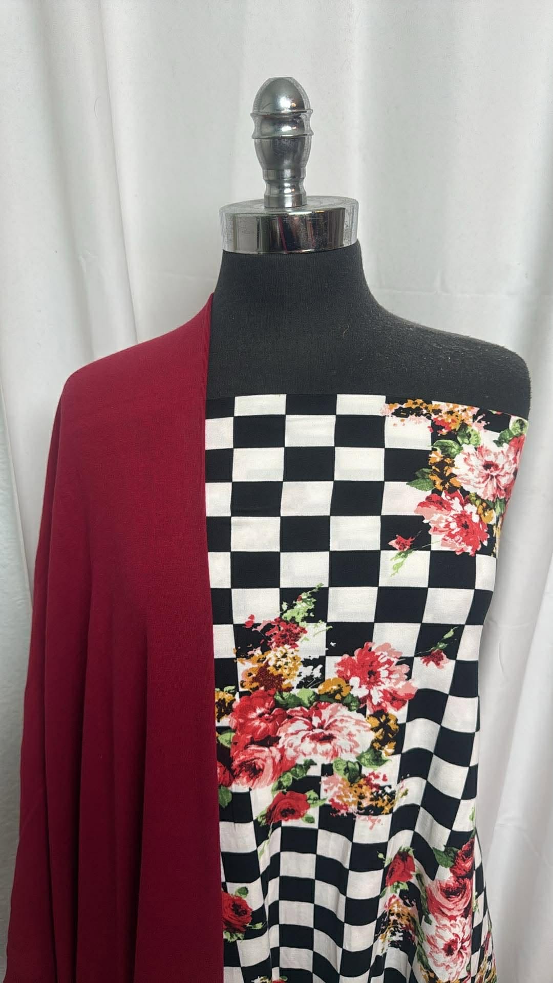 BURGUNDY/FLORAL CHECK BUNDLE : 2YD Check Floral DBP & 2YD Burgundy Heavy C/S Rib : A30345