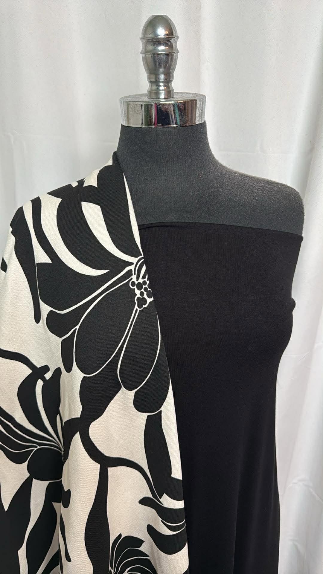 BLACK/IVORY BIG FLORAL BUNDLE : 2YD Black Modal/Spandex & 2YD Black/Ivory Big Floral Heavy Cotton Sweatshirt : A30362
