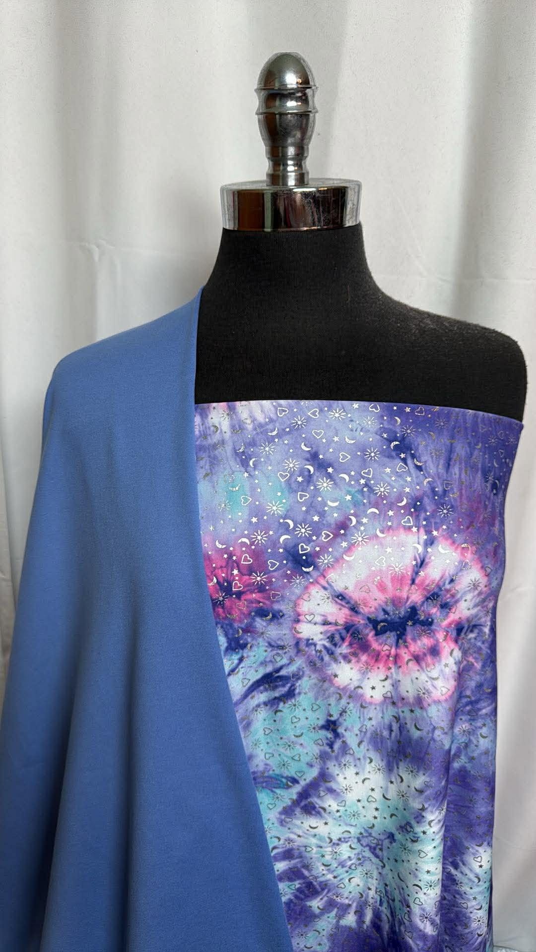 BLUE/FOIL TIE DYE BUNDLE : 1.5YD Tie Dye w/Foil Yoga PF & 1YD Blue Peached PF : A29959
