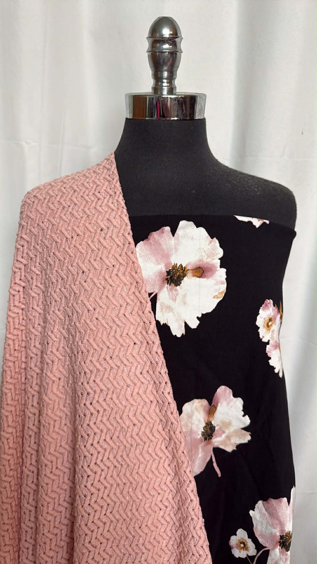 TEXTURED BLUSH/BLACK FLORAL BUNDLE : 2YD Black Floral Millennium (Read Descr.) & 2YD Blush Textured Knit : A29514