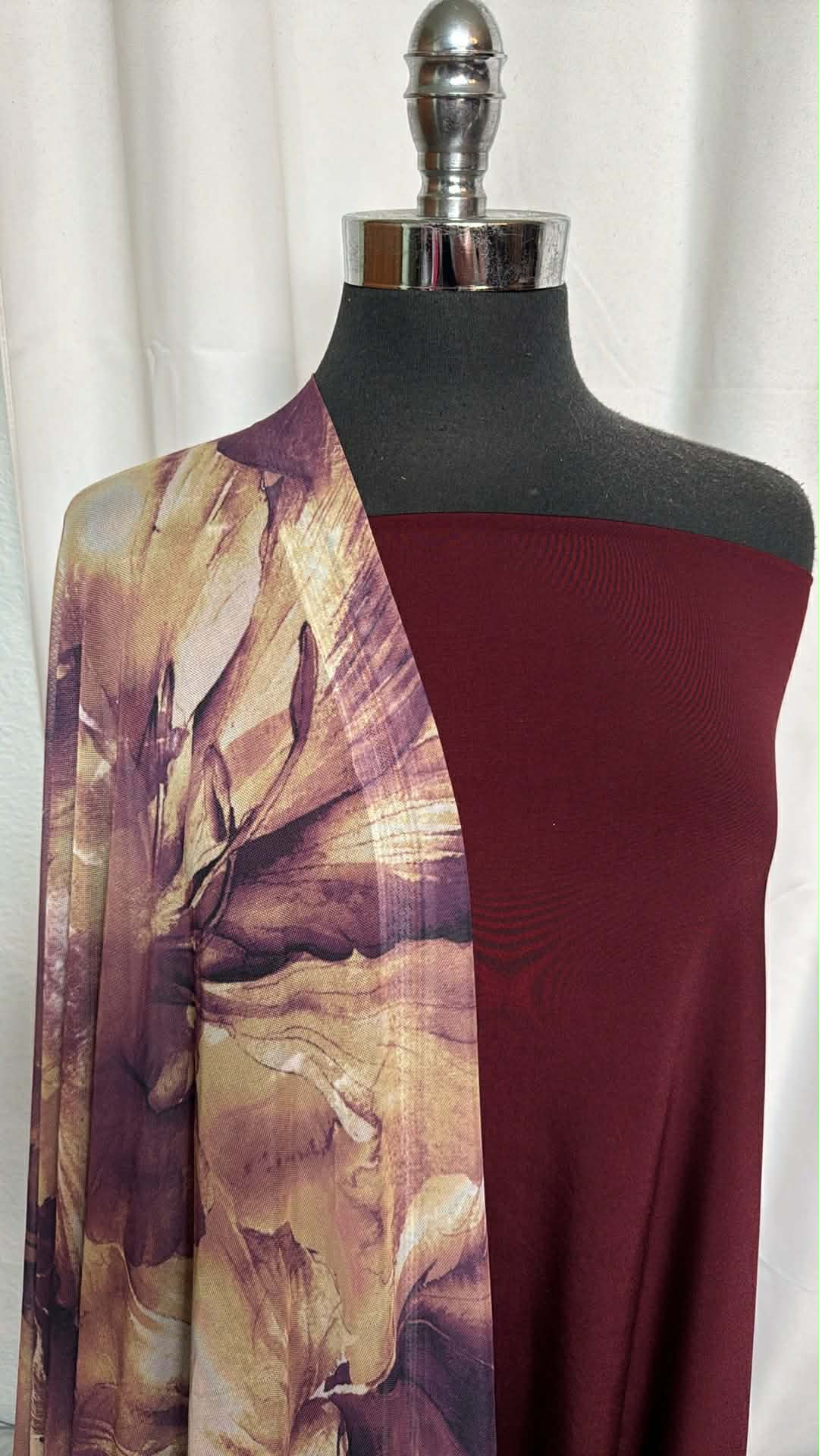 EGGPLANT/FLORAL MESH BUNDLE : 2YD Eggplant Venezia (Read Descr.) & 2.5YD Floral Stretch Mesh : A29601